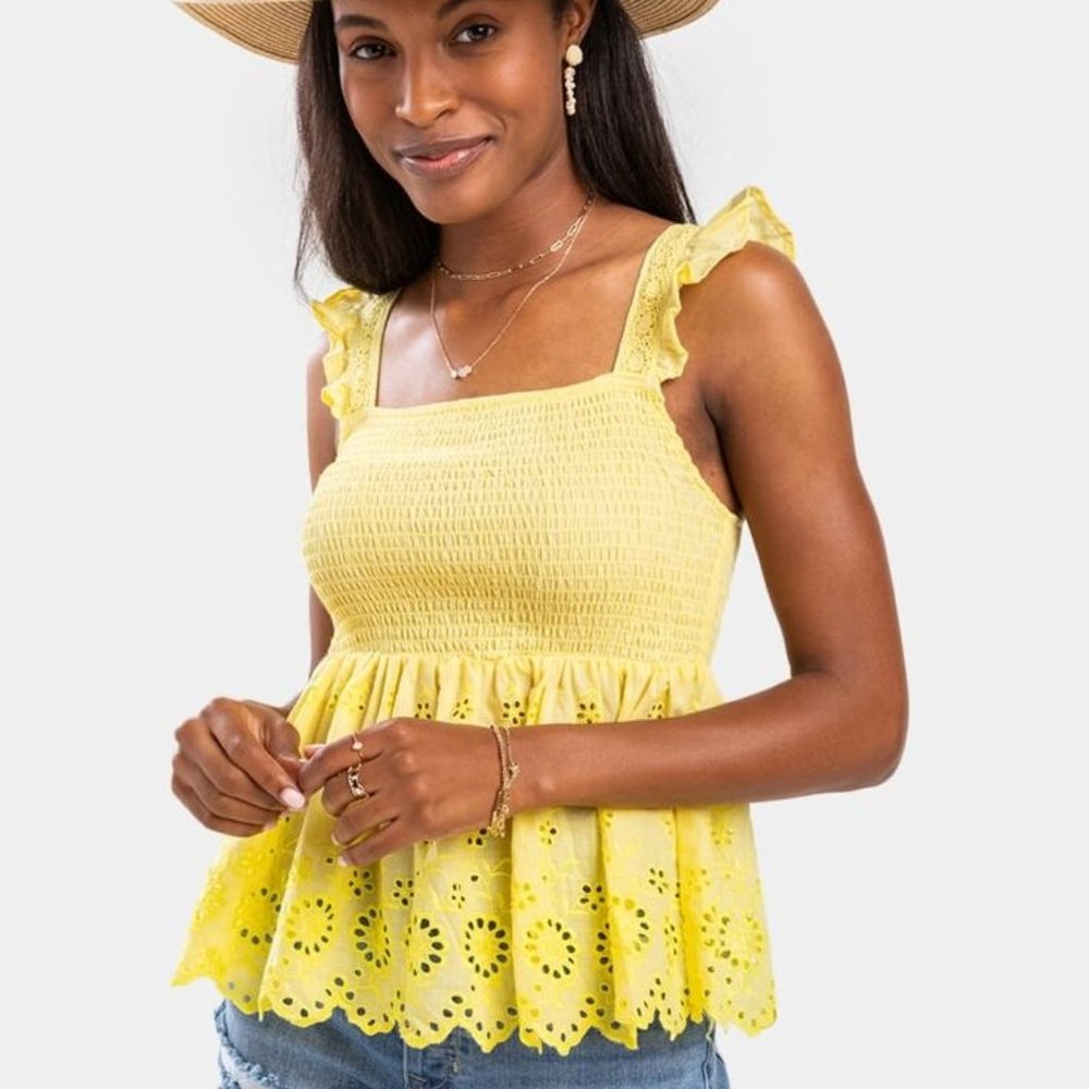 NEW Francesca's 2X 3X Tank Top Yellow Eyelet Peplum Cottage‎ Coquette Canary